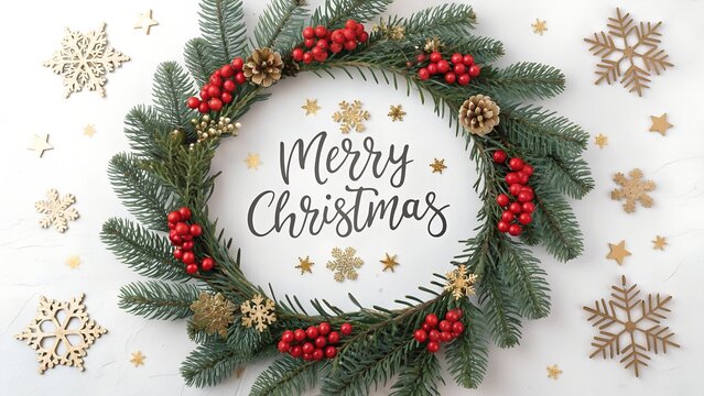 Christmas wreath with red berries and pine cones on white background