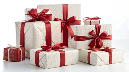 Obraz premium Pile of wrapped christmas presents with red ribbon