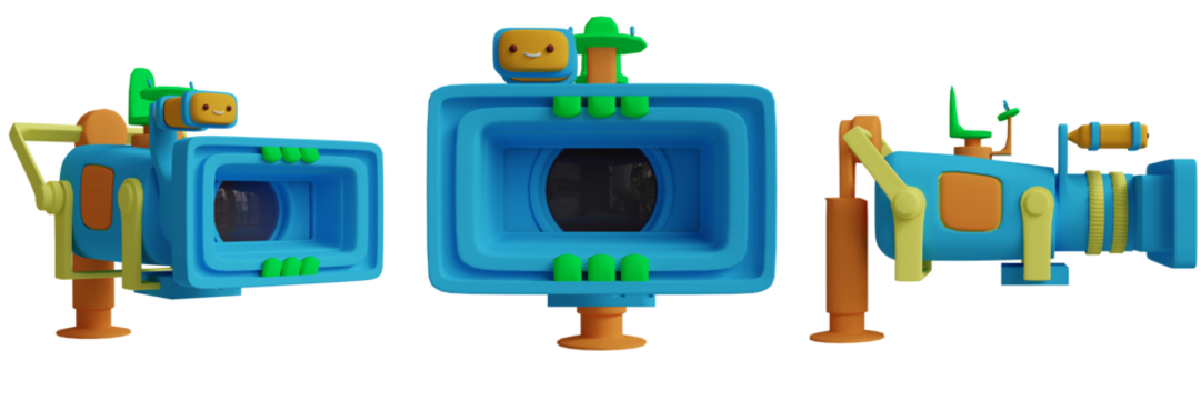 This colorful camera mockup features a cheerful design with vibrant blue and green colors