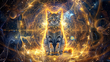 A glowing cat soul rests at the heart of a cosmic realm, surrounded by stars and symbols, radiating tranquility and magic
