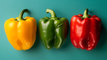 Three bell peppers arranged in a row showing yellow green and red colors on a blue background