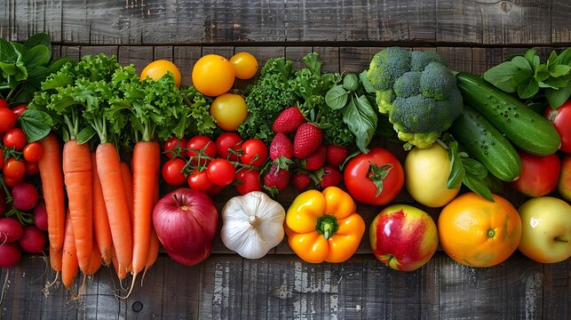 Overhead view of fresh vegetables and fruits arranged on a rustic wooden surface in natural light