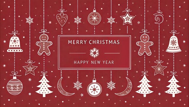 Merry christmas and happy new year greeting with ornaments on red background
