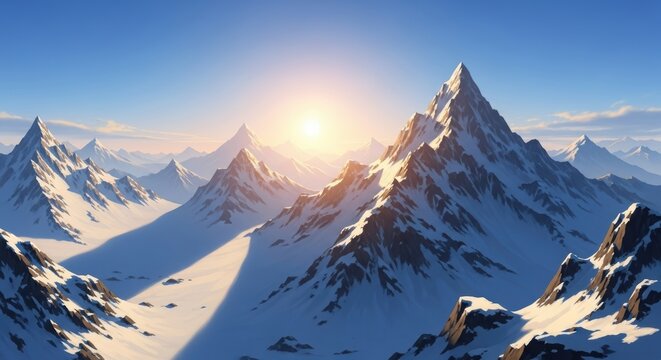 Sunset over snow-capped mountain range at golden hour. Majestic winter landscape with clear blue sky for nature and travel background.
