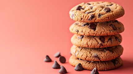 A delicious closeup of a stack of sweet, homemade chocolate chip cookies