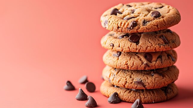 A delicious closeup of a stack of sweet, homemade chocolate chip cookies