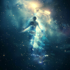Naklejka premium A luminous soul hovers gracefully in a vibrant cosmic expanse, surrounded by swirling galaxies and sparkling stars, radiating energy and tranquility