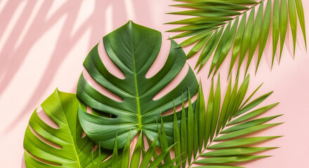 Vibrant green tropical leaves cast soft shadows on a delicate pink background, evoking a sense of serene elegance and natural beauty.
