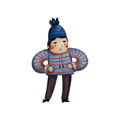 Ukrainian boy celebrate christmas winter holidays. Children vertep sing carols. Merry christmas holidays hand drawn illustration. Kolyadka and Malanka