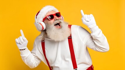 Santa claus wearing headphones and sunglasses dancing with joy on yellow background