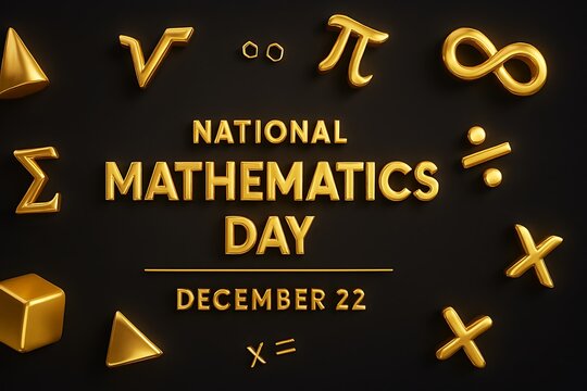 National mathematics day december 22 golden symbols and text on black background