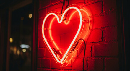 Vibrant red neon heart sign glowing warmly against a textured brick wall, perfect for romantic themes and modern decor