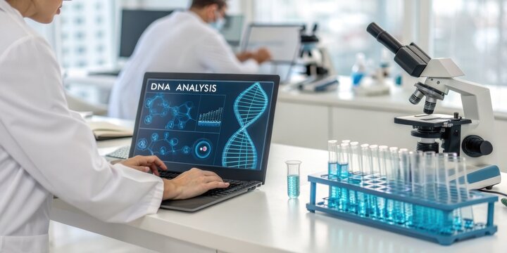 Scientist Analyzing DNA Data on Laptop in Laboratory - Powered by Adobe