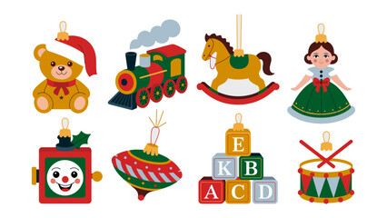 Holiday Ornament Selection: A festive assortment of holiday ornaments, including a teddy bear, train, rocking horse, doll, toy box, top, blocks, and drum.
