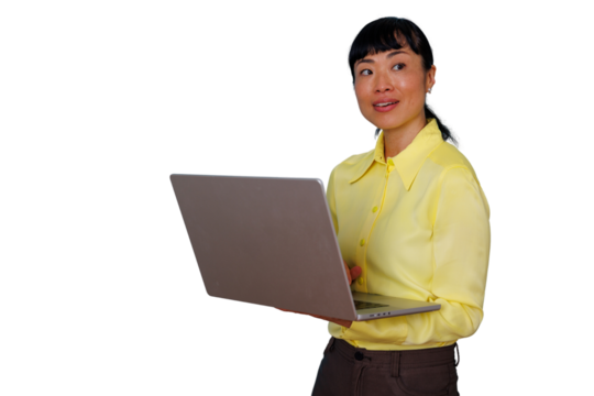 Asian businesswoman standing, holding a laptop, working on technology, presenting information with a transparent background - Powered by Adobe
