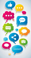 Vibrant speech bubbles with social media icons like thumbs up, share, camera, and comment create dynamic digital communication concepts