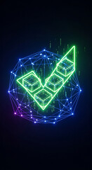 Dynamic digital network with glowing cubes and falling binary code represents futuristic technology and data flow