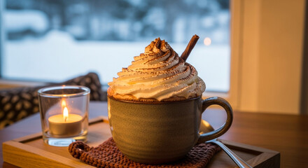 Indulge in a cozy winter moment with this decadent hot chocolate topped with fluffy whipped cream and a cinnamon stick, beside a glowing candle.