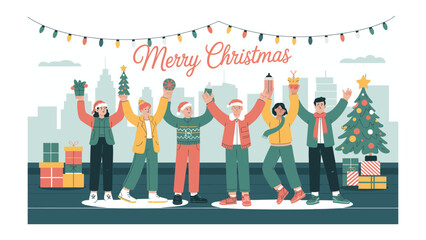 Christmas Joy and Festive Greetings: A joyful Christmas gathering with festive greetings and joyous celebration, a scene filled with presents, lights, and heartwarming atmosphere.