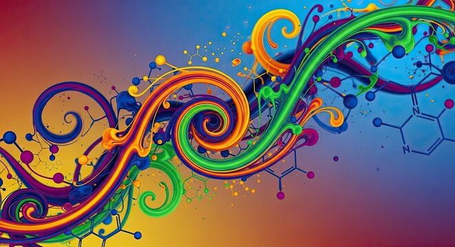 Vibrant and dynamic molecular structure design with colorful swirls for science, technology, and innovation concepts, ideal for presentations or marketing materials