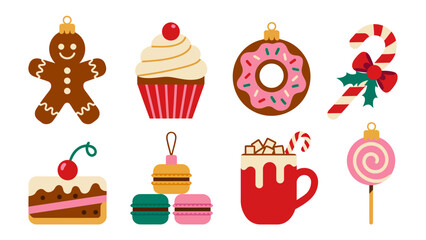 Festive Dessert Assortment: A delightful array of holiday treats, including a gingerbread man, cupcake, donut, candy cane, slice of cake, macarons, a mug of cocoa, and a lollipop.