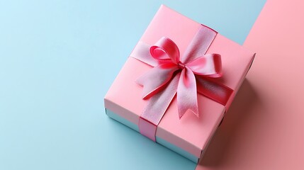Close up of a pink gift box with a pink ribbon on a blue and pink background in a studio setting