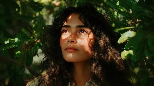 A woman with long dark hair gazes upward among lush green leaves, sunlight dappling her face.