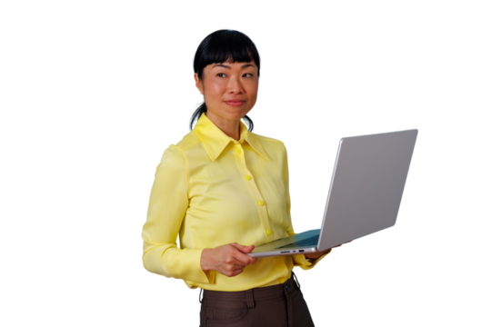 Asian businesswoman smiling holding laptop, confident female professional working on computer, transparent background