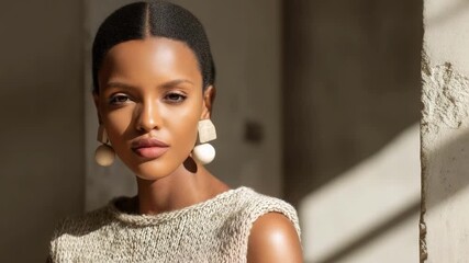 Portrait of a woman with short hair wearing a cream knit sleeveless top and white pom-pom earrings, by a sunlit stone wall.