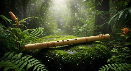 Melody in the Emerald Canopy: A serene bamboo flute rests gently upon a moss-covered stone, embraced by the lush greenery of a rainforest, as droplets of water and sunbeams dance around.
