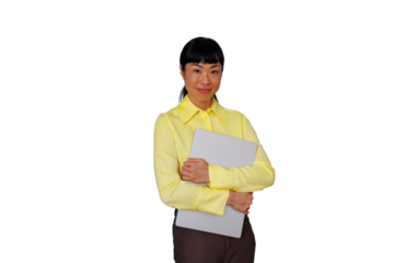 Asian professional woman smiling, holding a laptop, cutout on transparent background. Concept of business, technology, and success