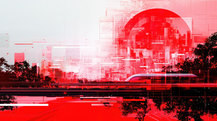 Vibrant digital artwork featuring futuristic cityscape with abstract red elements, blending technology and urban life