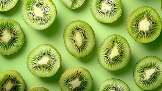 Overhead view of several kiwi fruit slices arranged on a light green colored surface in a pattern