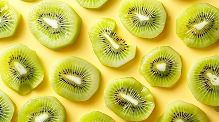 Fototapeta premium Overhead view of many sliced kiwi fruits on a solid yellow background creating a vibrant pattern