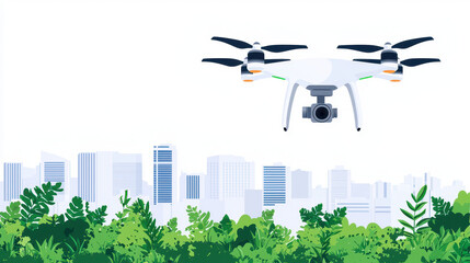 Drone hovers above city skyline, capturing images of lush greenery below. scene combines technology and nature, showcasing innovation