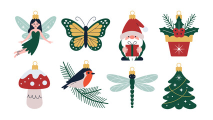 Festive Holiday Decorations: A collection of charming ornaments, including a fairy, butterfly, gnome, and Christmas tree, offers a cheerful holiday cheer.