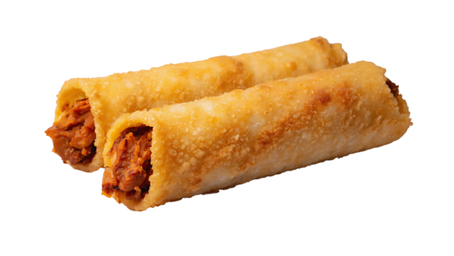 Two crispy fried taquitos filled with shredded meat, , a delicious and savory Mexican snack or appetizer