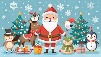 Santa claus and friends celebrating christmas in a snowy forest