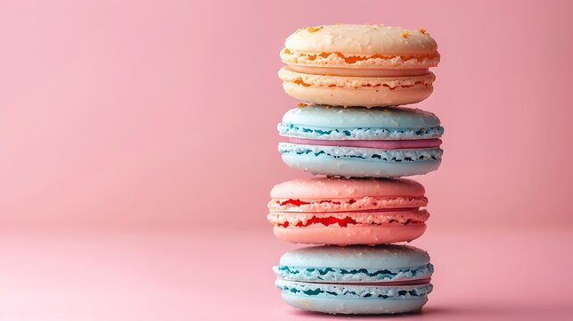 Stack of colorful macarons on a pink background creating a sweet and visually appealing dessert display