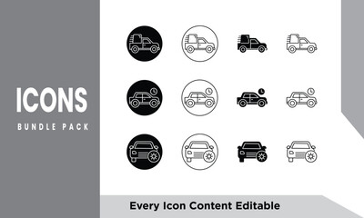 Car icons set. The car from different sides. Side view, back, front, bottom, inside. linear icon collection.