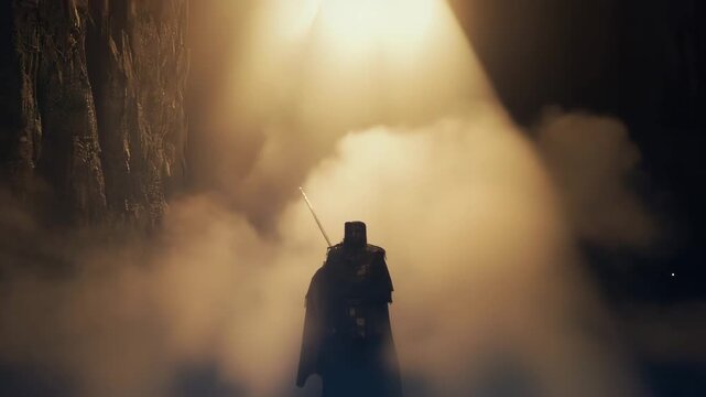 Medieval Figure with Sword in Fog

