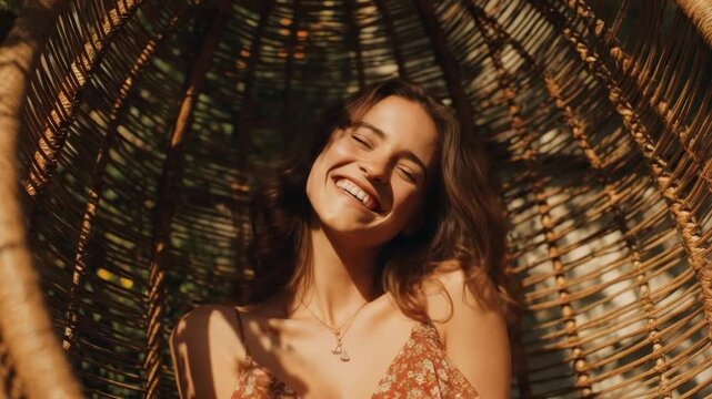 Smiling woman sits inside a woven wicker nest, wearing a brown patterned top and a delicate necklace, bathed in warm sunlight.