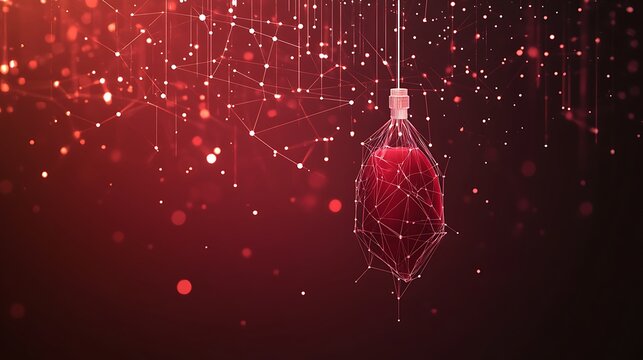 Abstract glowing red liquid in a transparent bag with digital network connections