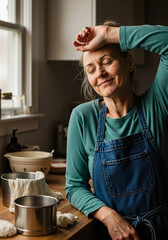 A behind-the-scenes photo. A tired but satisfied female chef leans against the counter, wiping her brow. A slight creative clutter is visible in the background. A genuine moment.