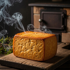 A dense block of old-fashioned kopchushka cheese rests on a rough wooden board against the backdrop of an old Russian stove. Light wisps of juniper smoke envelop the cheese.