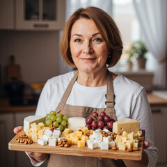 Professional food photography. A woman holds a wooden board with an assortment of her cheeses garnished with grapes and nuts. She smiles and looks into the camera.
