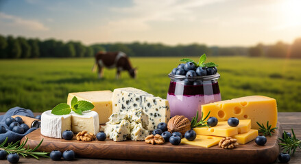 Fresh cheeses and a healthy cottage cheese dessert with blueberries against a slightly blurred background of a field with a grazing cow, with space for text.