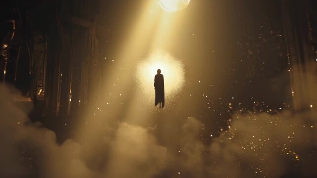 Figure Floating in Golden Light Beam Through Thick Fog

