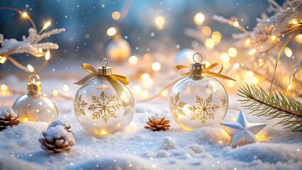 Festive christmas ornaments and twinkling lights in soft snow