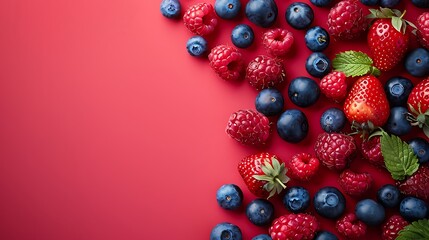 Arrangement of fresh strawberries raspberries and blueberries on a vibrant red colored background space for text